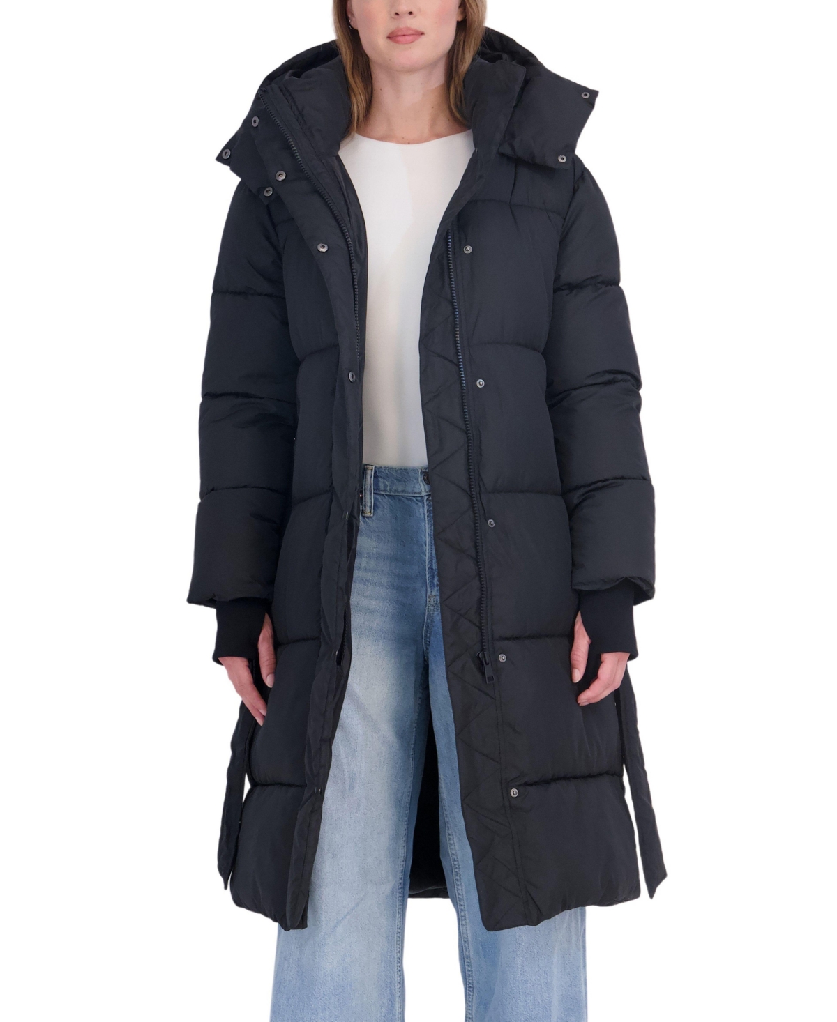 Sebby Collection Women's Long Hooded Belted Puffer Coat