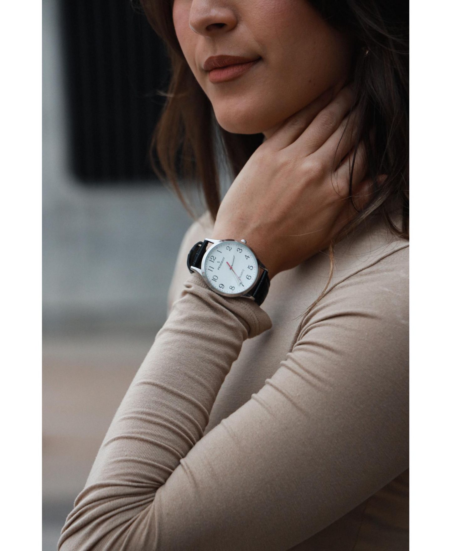 Женские часы Peugeot 40mm Large Face Watch with Bold Arabic Numerals and Leather Band, цвет: Чёрный — фото 4