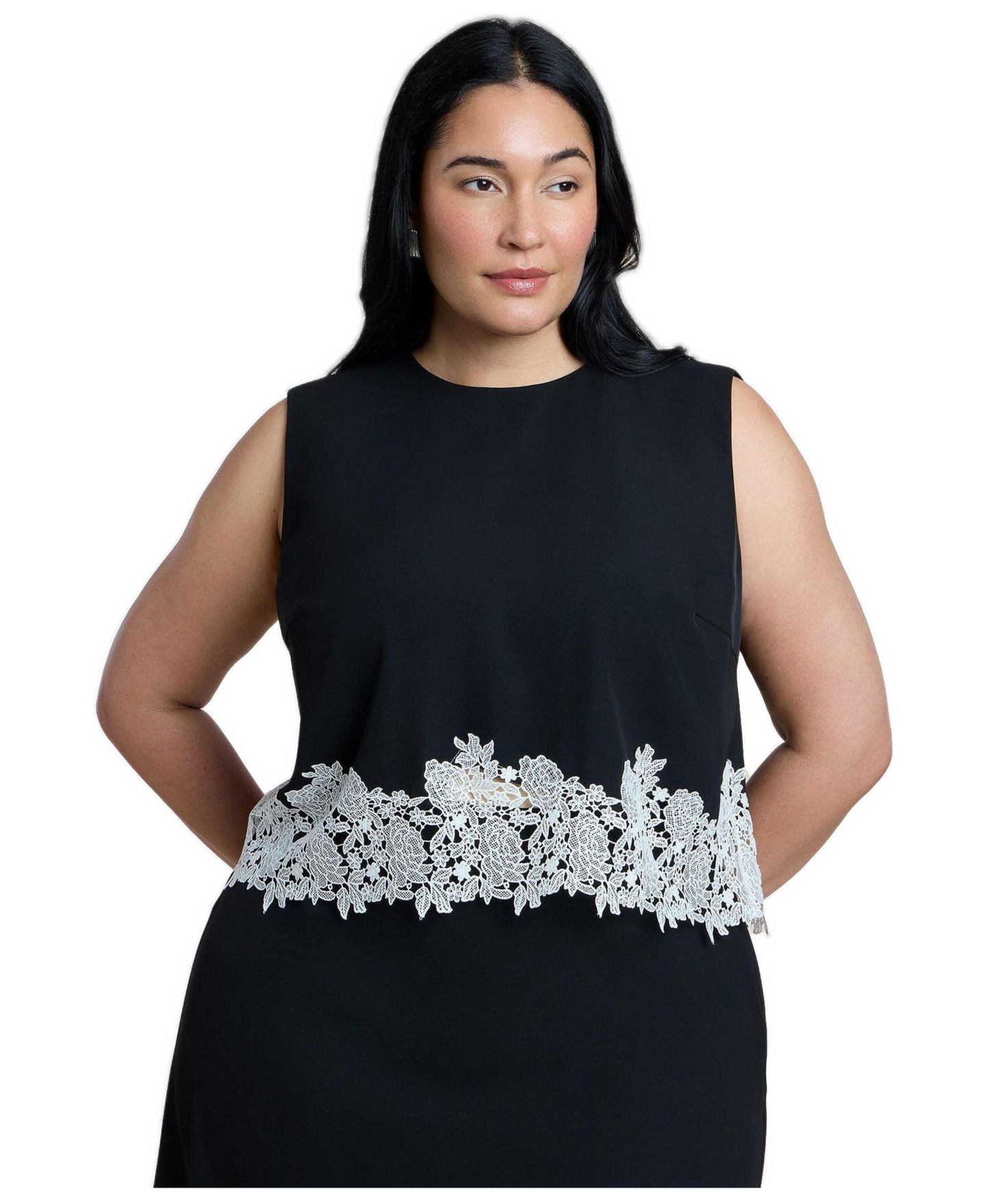 Женский топ ELOQUII Plus Size Lace-Trimmed Jewel Neckline, цвет: Чёрный оникс — фото 1