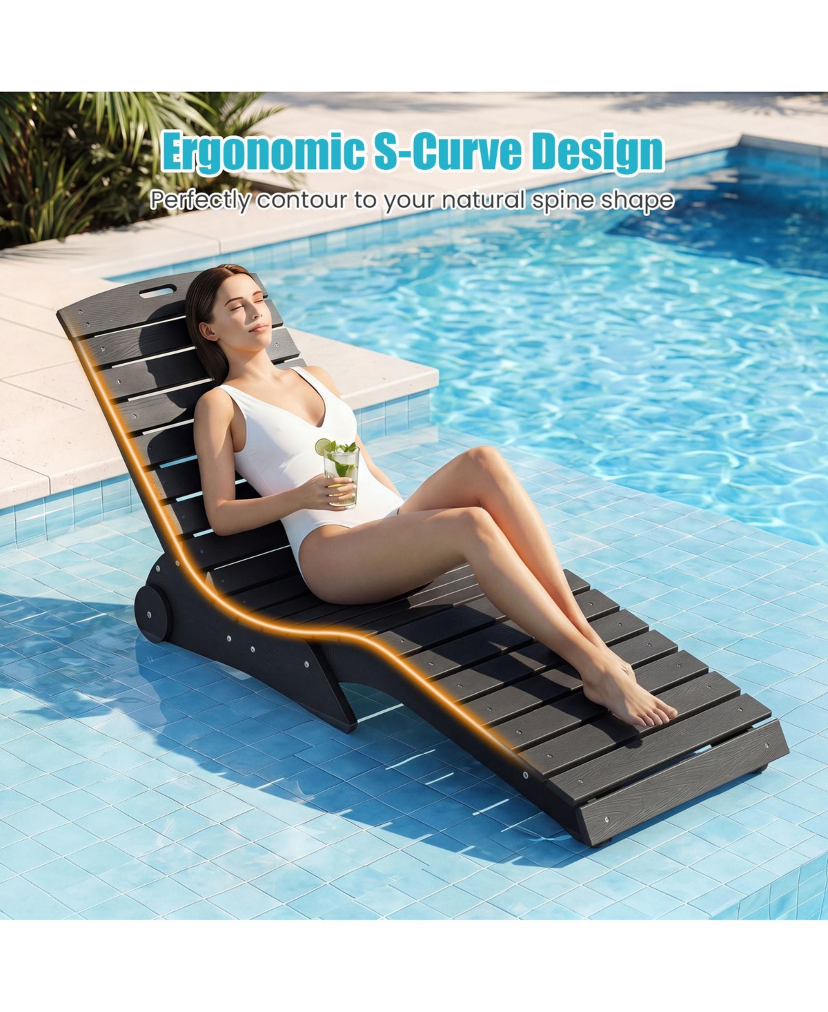 Gymax In-Pool Lounge Chair Ergonomic S-Curve Hdpe Pool Chaise Lounger with Wheels