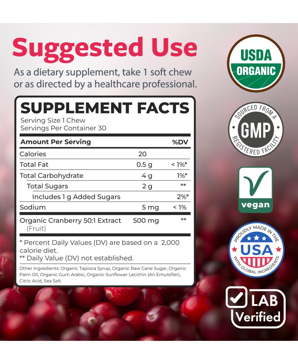 Pure Co Cranberry Soft Chews, 50:1 Cranberry Extract