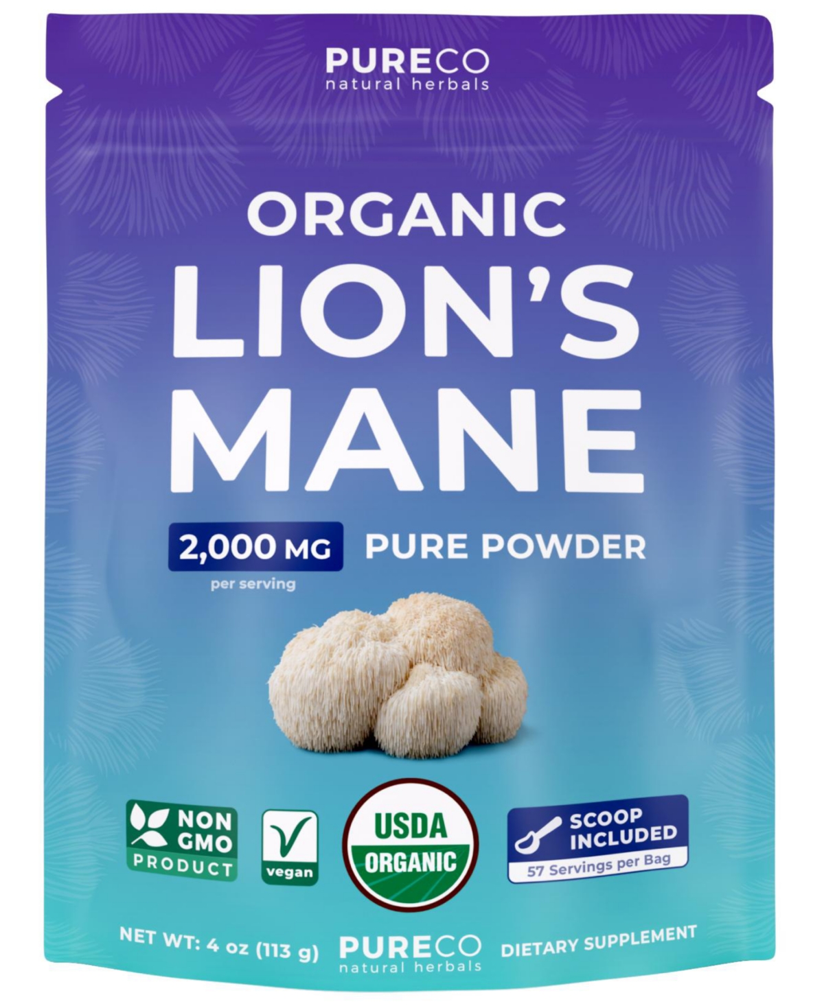 Pure Co Lion's Mane Mushroom Powder, 57 Servings