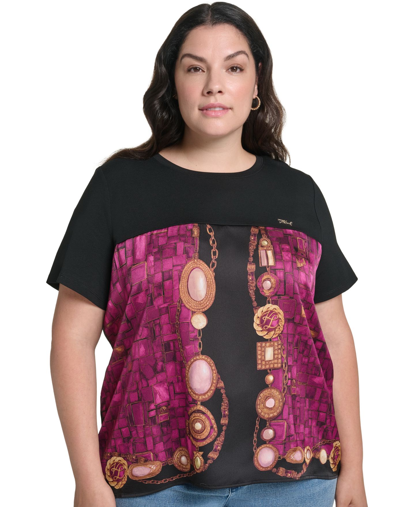 Женская блузка KARL LAGERFELD PARIS Plus Size Gemstone Knit Placed-Print Crewneck Blouse, цвет: Вишнёвый комбинированный — фото 4