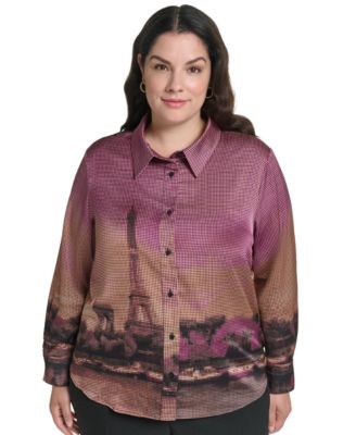 Plus Size Button-Down Collared Long-Sleeve Blouse