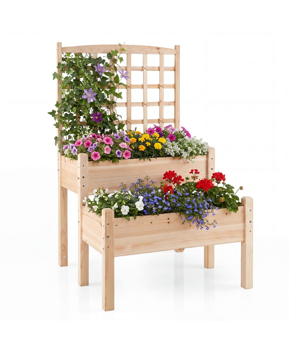 Gymax Raised Garden Bed With Trellis 2-Tier Elevated Planter Box for Climbing Plants