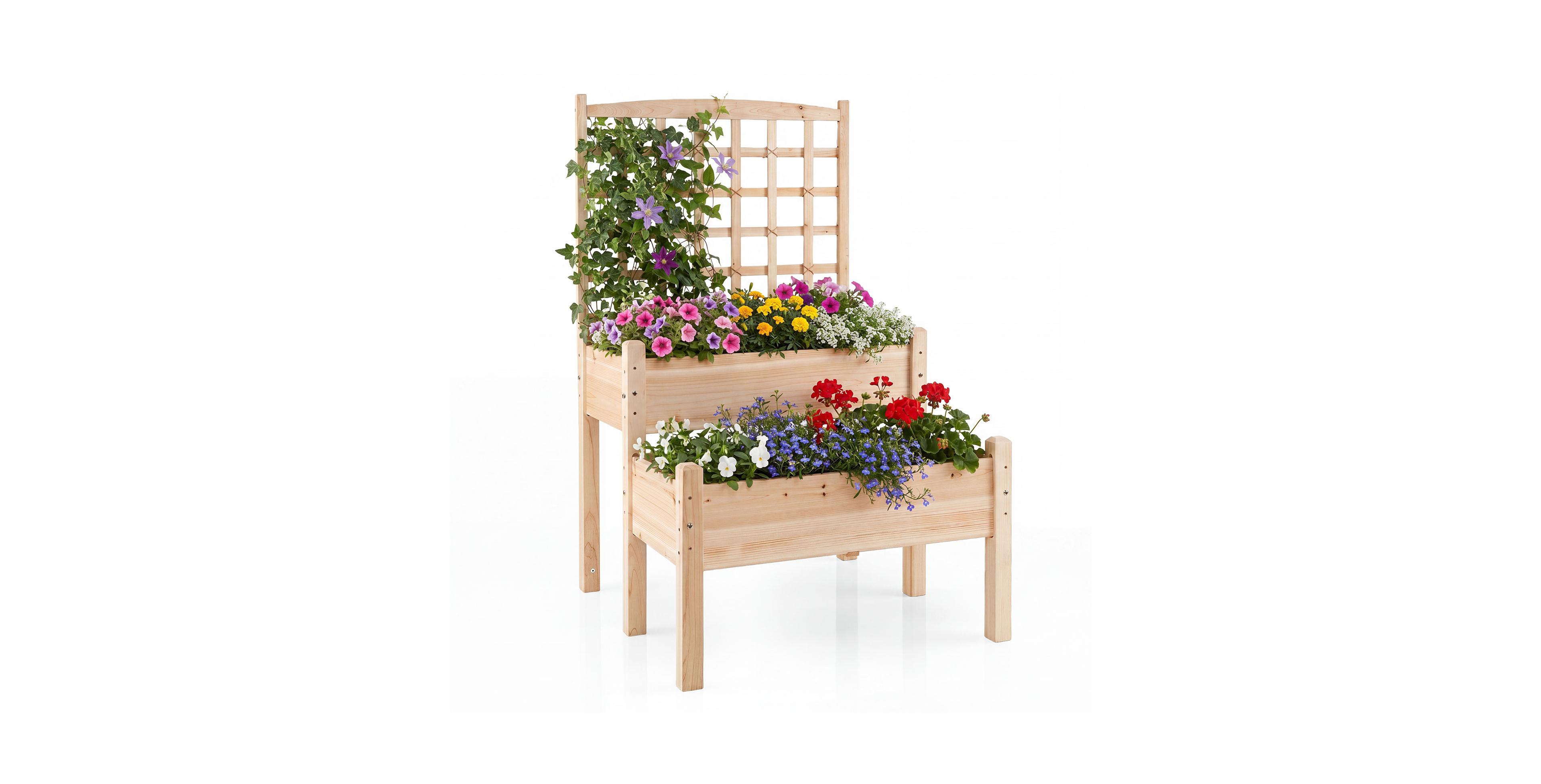 Gymax Raised Garden Bed With Trellis 2-Tier Elevated Planter Box for Climbing Plants