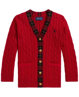 Girls' 2T-6X Plaid-Trim Cable-Knit Cotton Cardigan