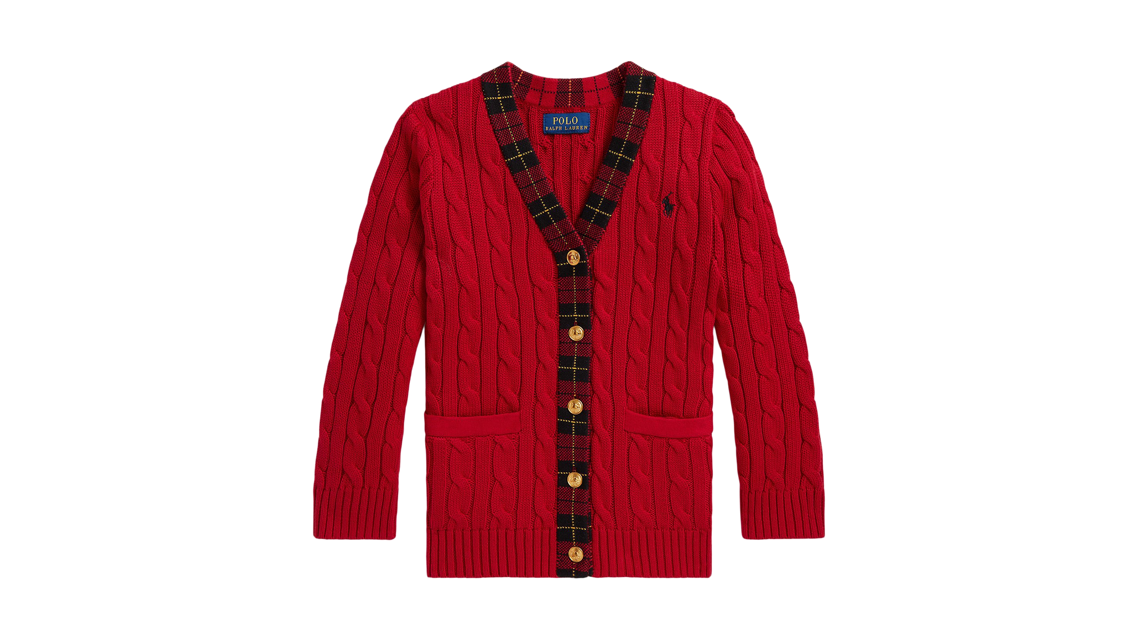 Polo Ralph Lauren Girls' 2T-6X Plaid-Trim Cable-Knit Cotton Cardigan