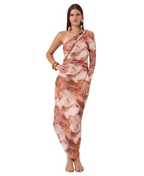 Женское платье RACHEL Rachel Roy Noa One-Shoulder Long-Sleeve Ruched Midi, цвет: Spiced Marble