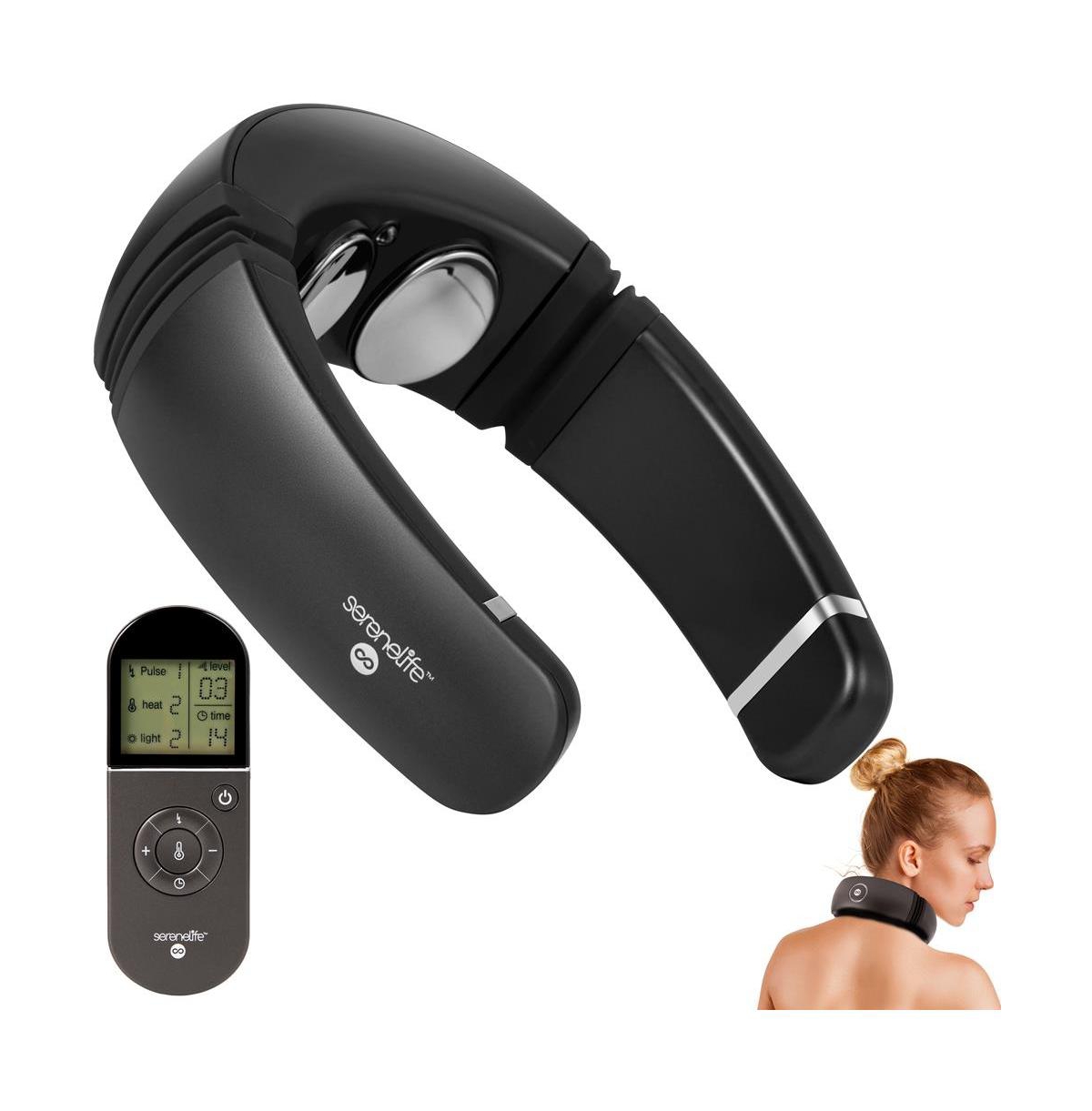 SereneLife Smart Neck Massager - Digital Massager with Heat Therapy, Built-in Rechargeable Battery - Black