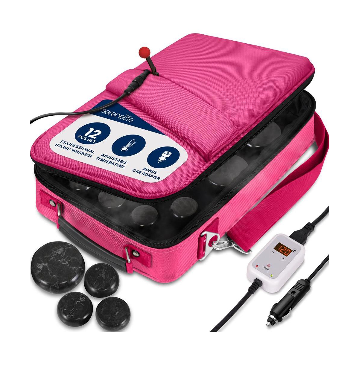 SereneLife Hot Stone Massage Kit - Portable Heated Rock Therapy System with Digital Temperature Controller, Includes (12) Massaging Stones - Pink