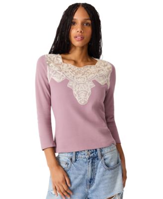 Women's Rib Knit Lace Trim 3/4 Sleeve Square Neck Top