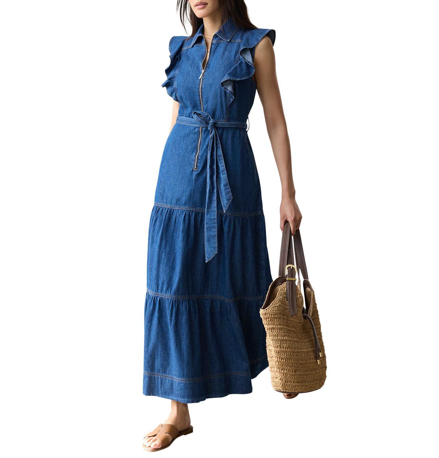 Женское платье Mint Velvet Denim Ruffle Maxi Shirt Dress, цвет: Синий — фото 2
