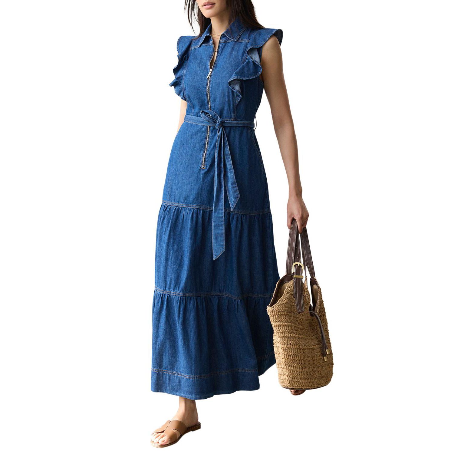 Women's Denim Ruffle Maxi Shirt Dress