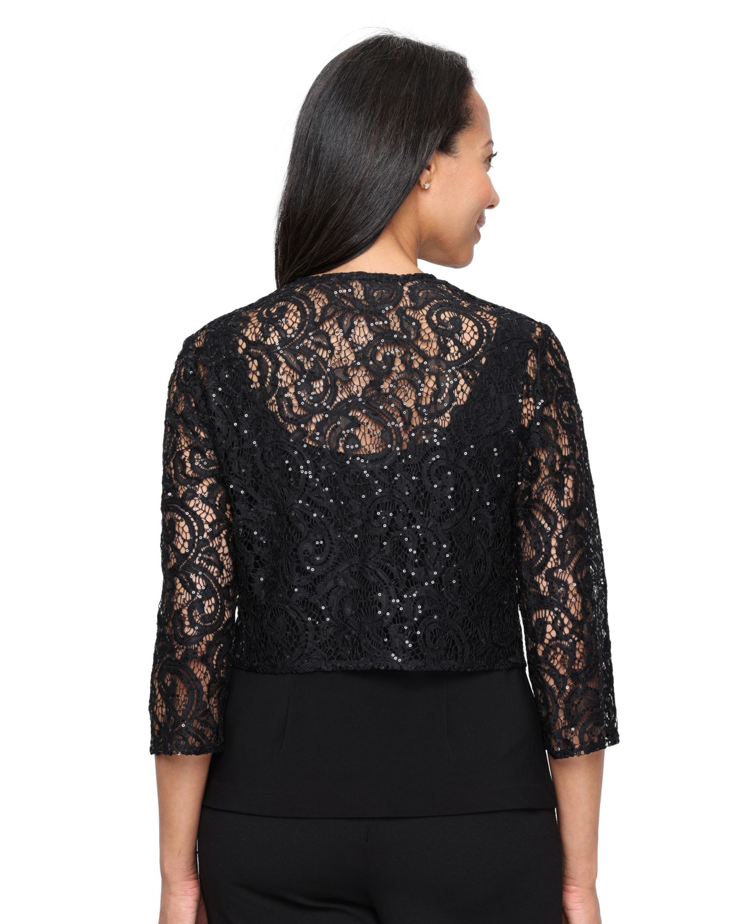 Women's Sequin-Lace 3/4-Sleeve V-Neck Coverup