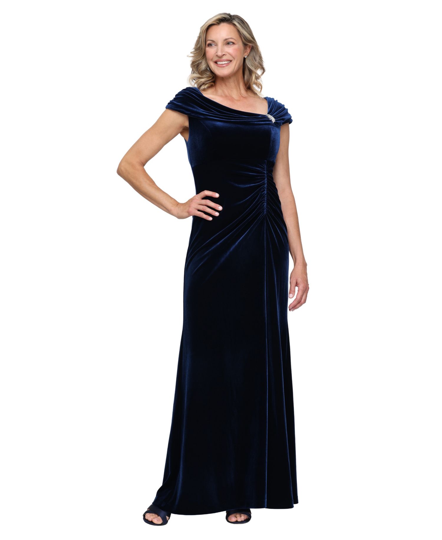 Women's Sleeveless Stretch Velvet Cowl Neck Gathered-Waist Dress
