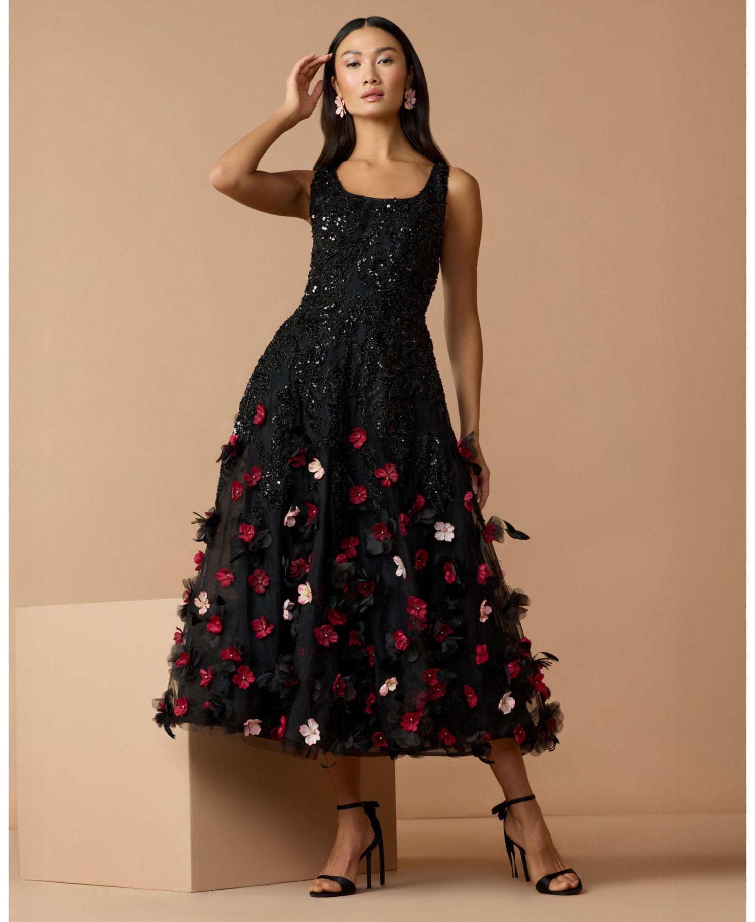 Petite Sleeveless Beaded Midi Dress With 3D Flowers