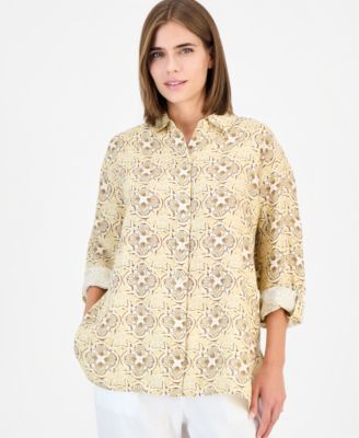 Women's Button-Front 3/4-Sleeve with Roll Tab 100% Linen Tunic