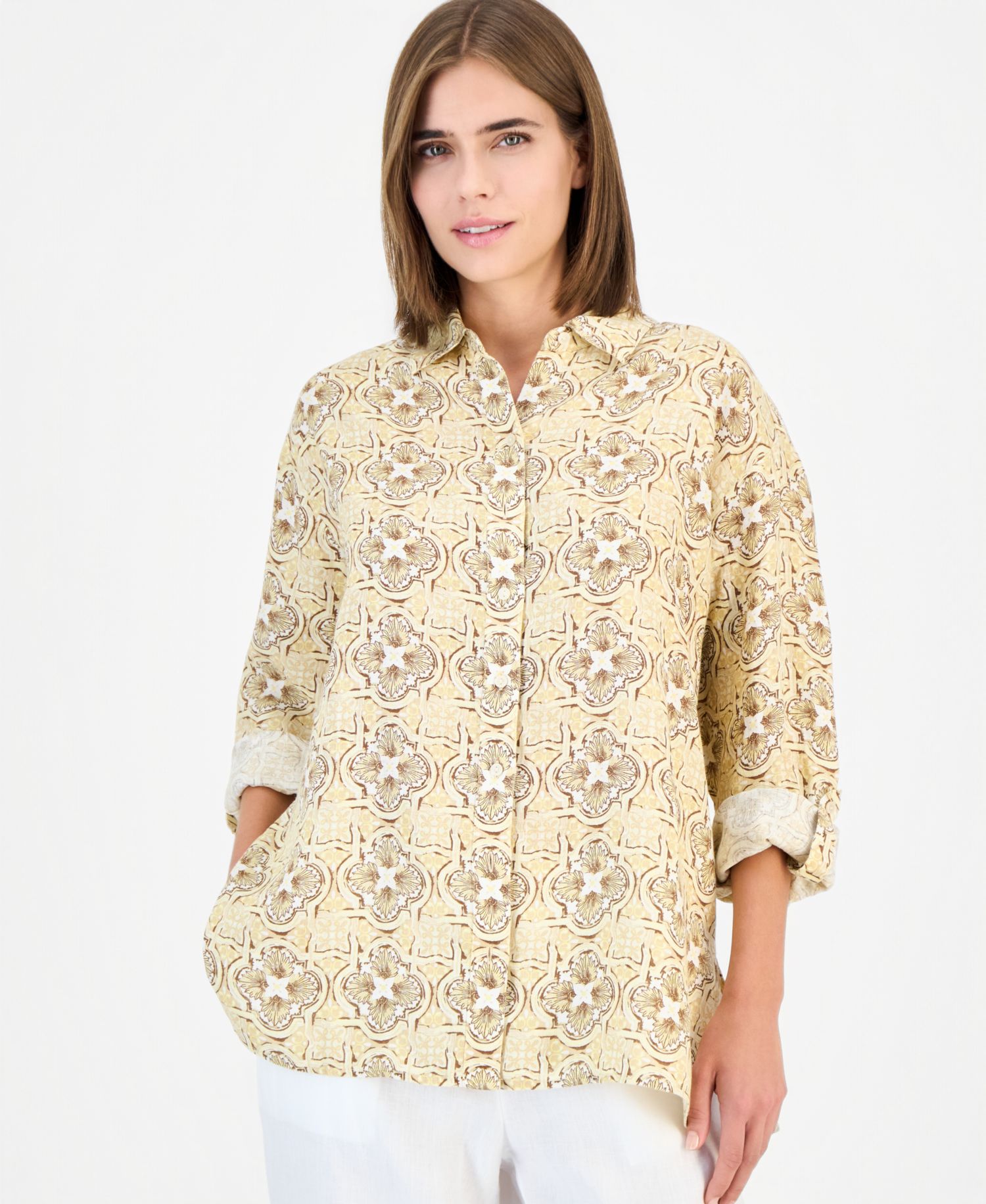 Women's Button-Front 3/4-Sleeve with Roll Tab 100% Linen Tunic