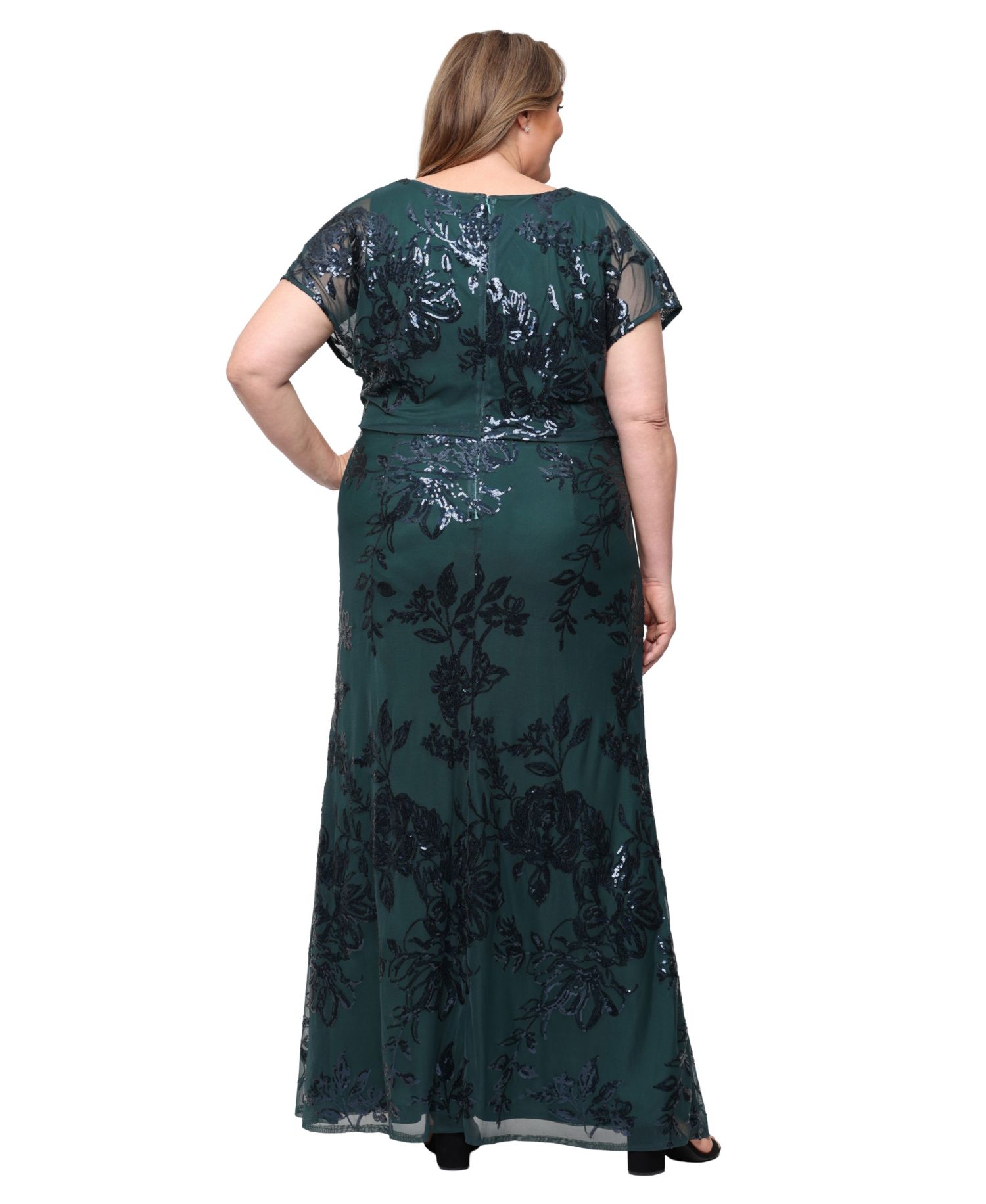 Plus Size Floral-Print Sequin Formal Gown