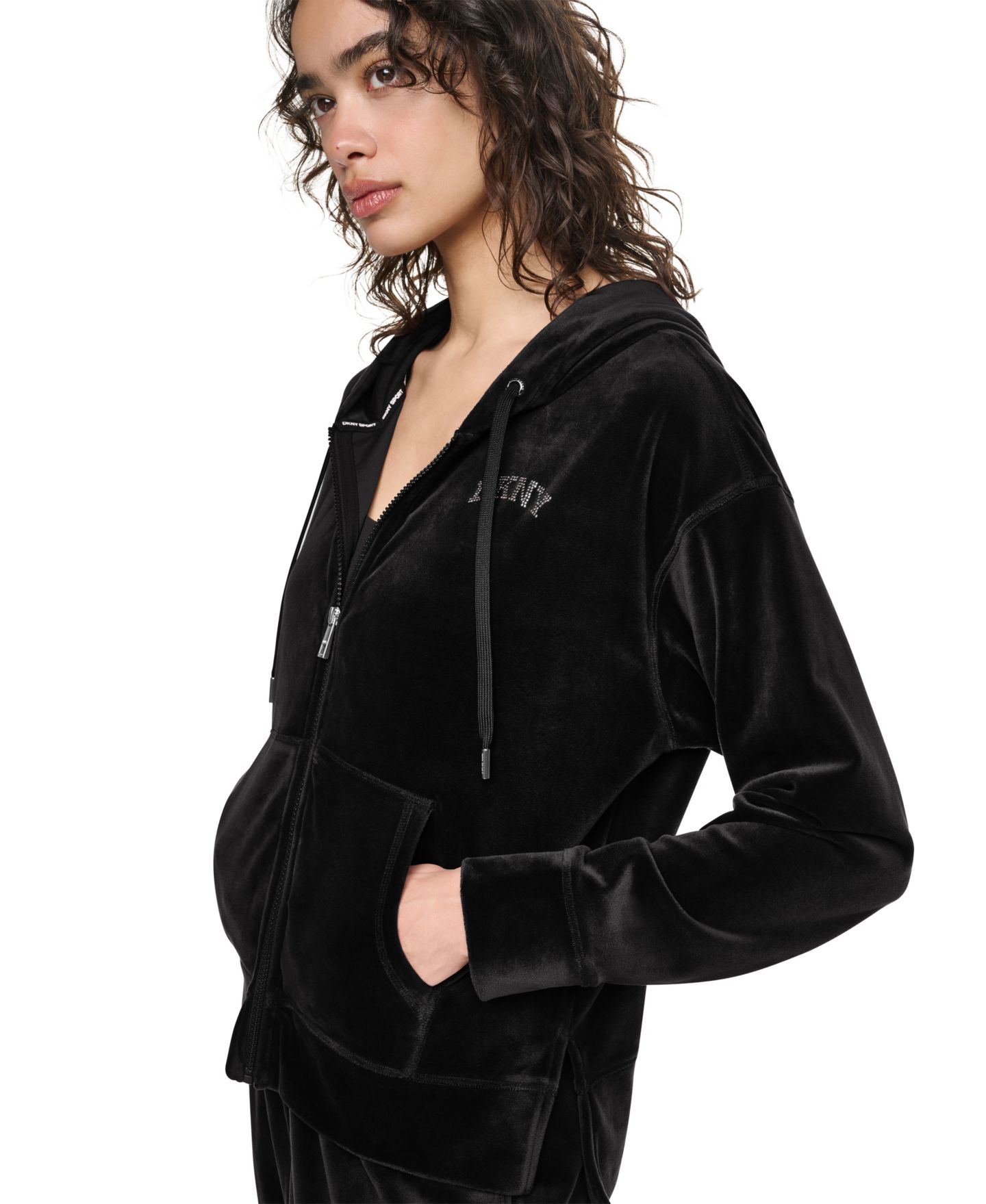 Женское худи DKNY Sport Super-Soft Velour High-Low Hem Zip, цвет: Чёрный — фото 8