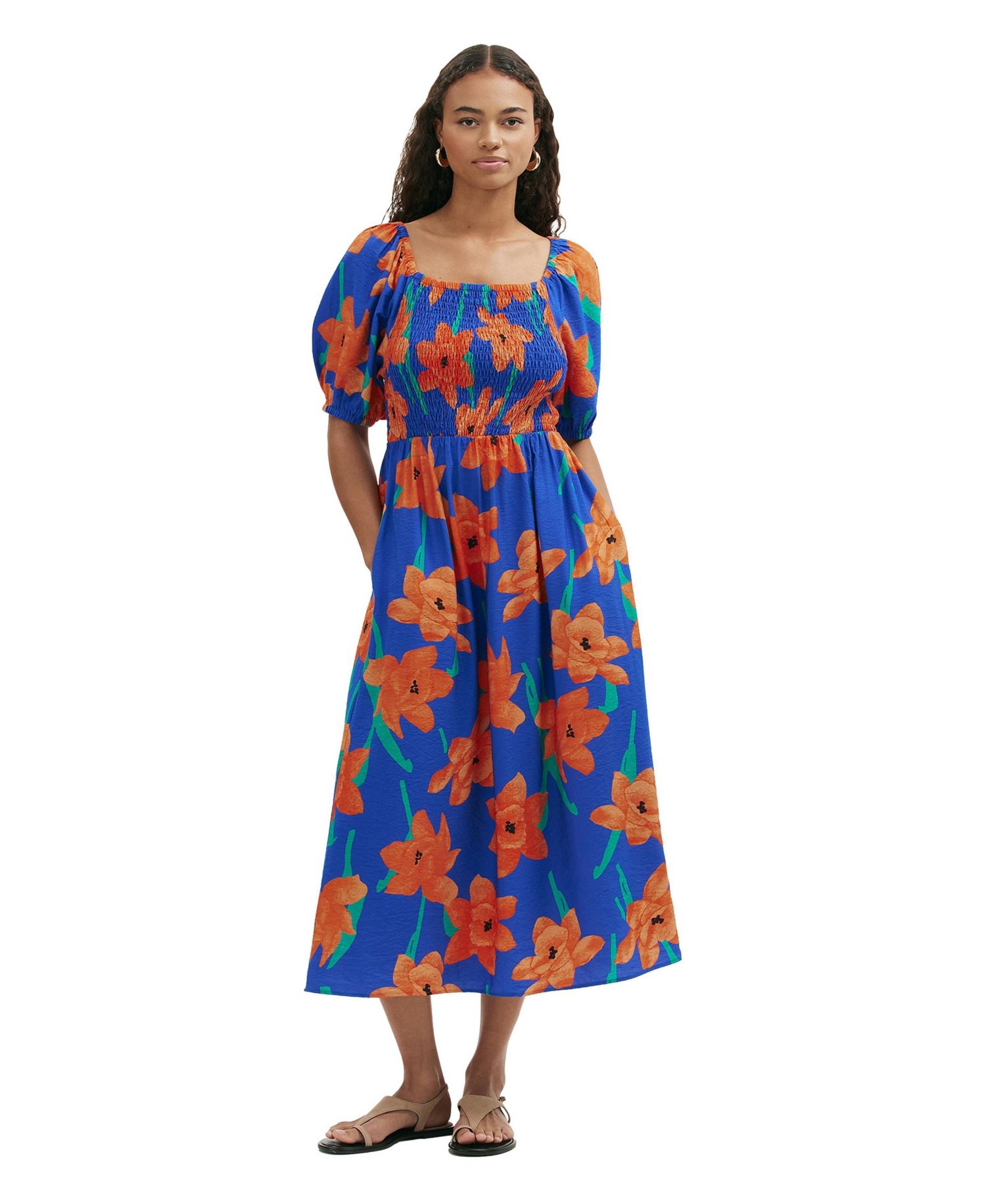 Women's Enzo Square Neck Floral-Print Short-Sleeve Midi Dress
