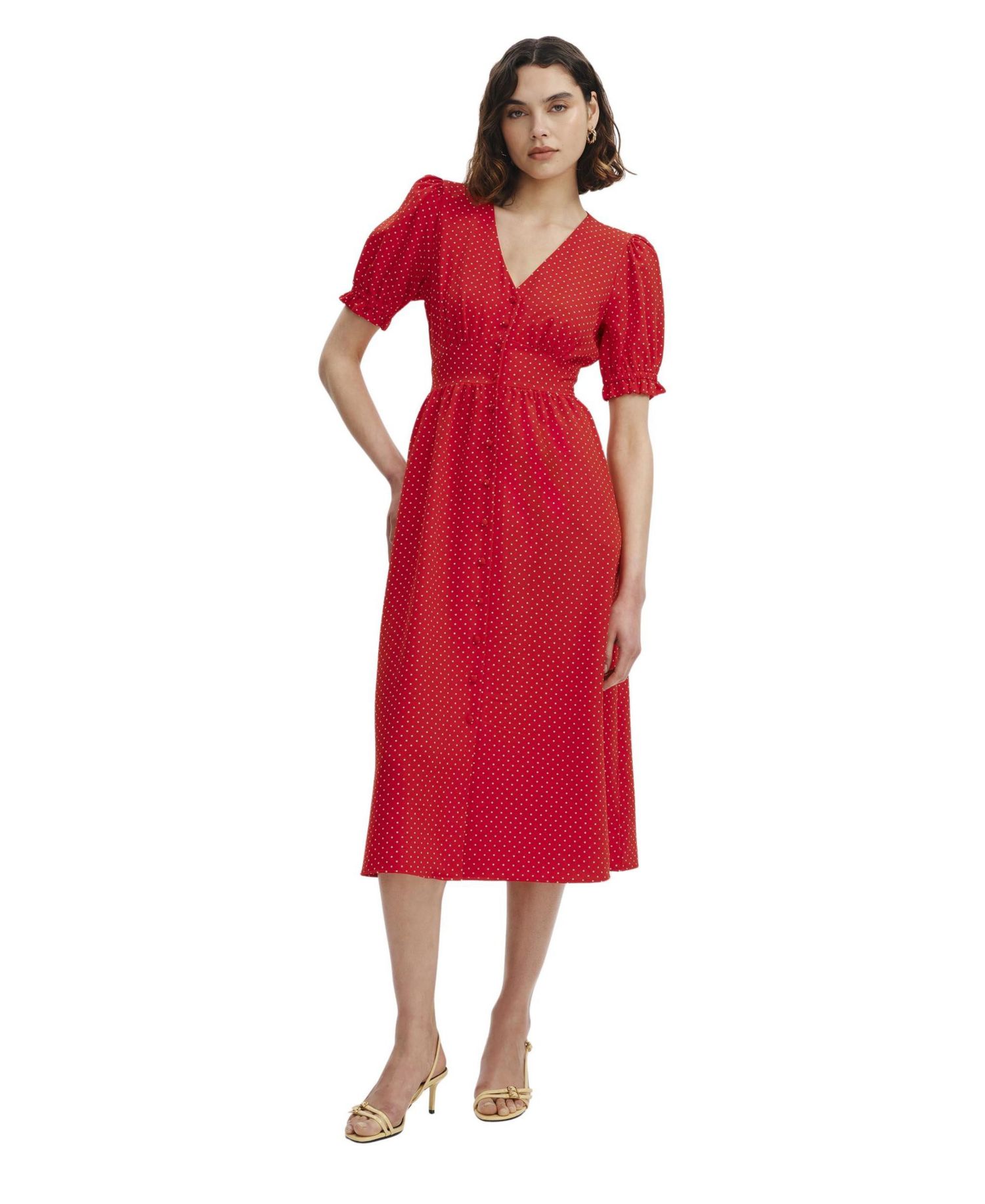 Women's Samantha Polka-Dot Short-Sleeve V-Neck Button Down Midi Dress
