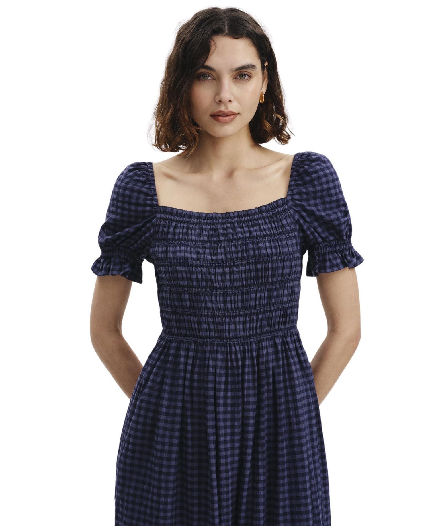 Women's Dawn Plaid Square Neck Midi Dress with Pockets