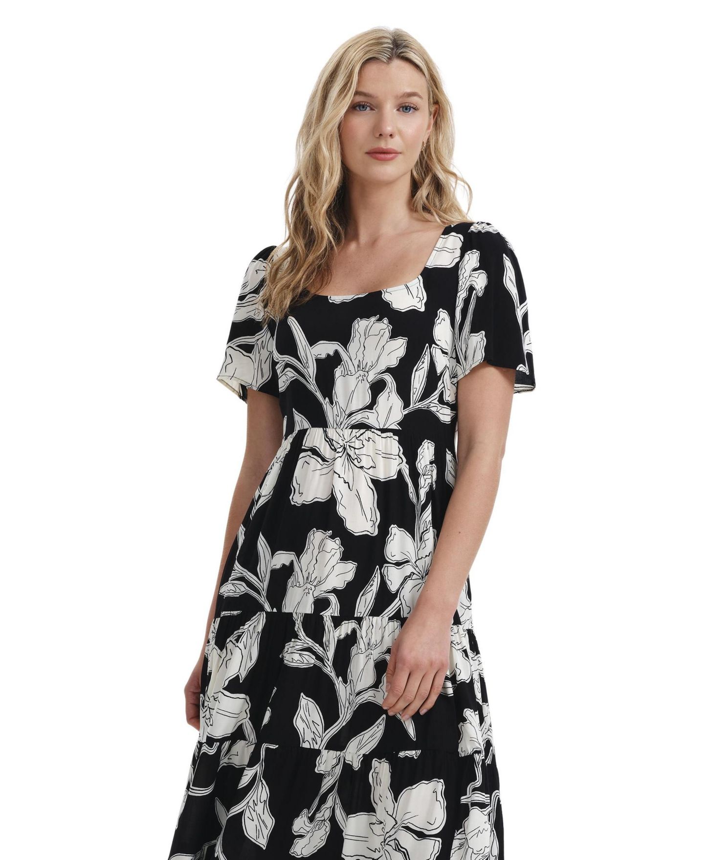 Женское платье Finery London Teresa Floral-Print Tiered Square-Neck Midi, цвет: Чёрный с принтом — фото 3