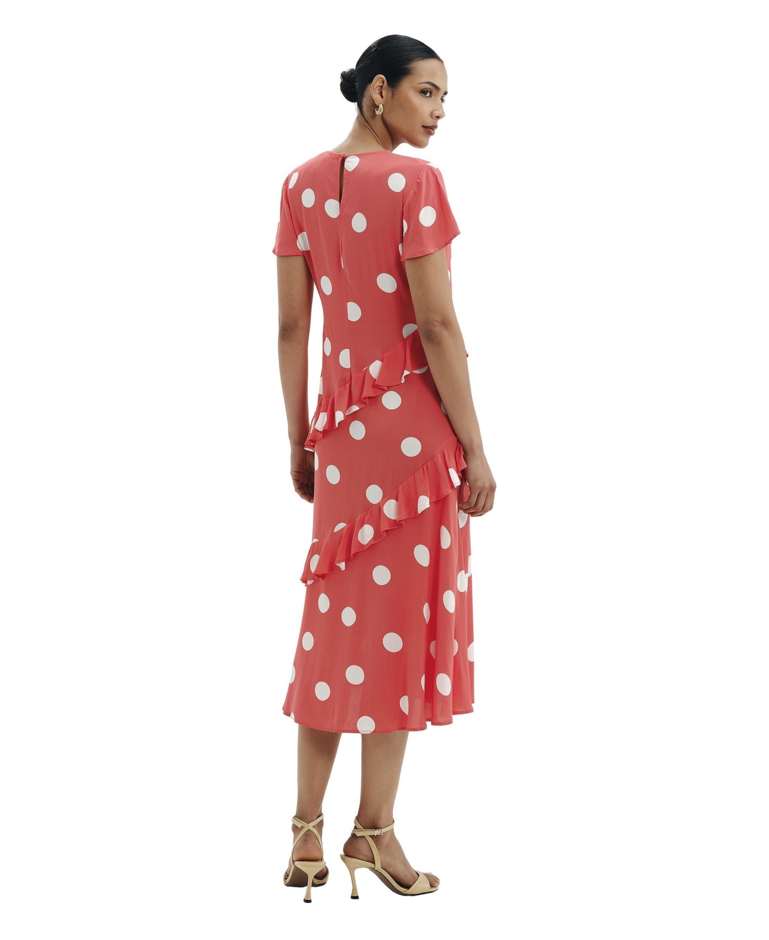 Women's Sierra Polka-Dot Asymmetric-Ruffle Midi Dress
