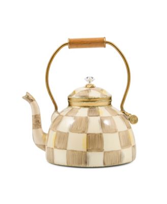 Mocha Check Tea Kettle Glass Ornament