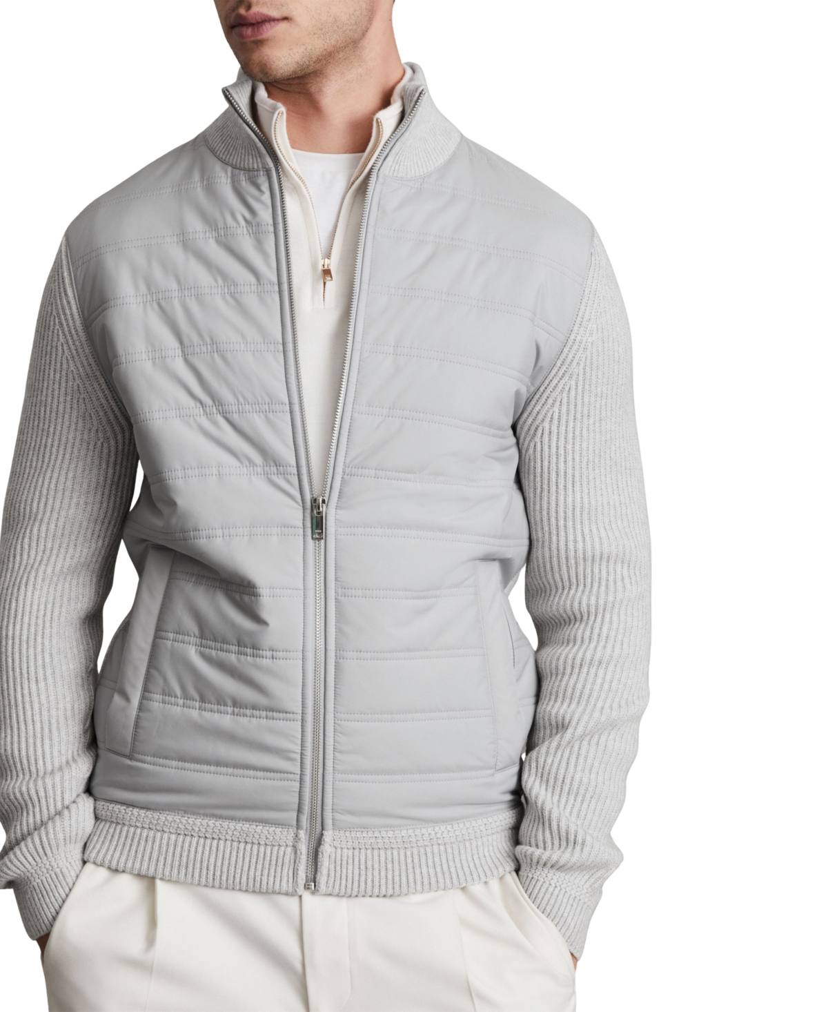 Reiss Men's Trainer Hybrid Quilt and Knit Funnel-Neck Jacket