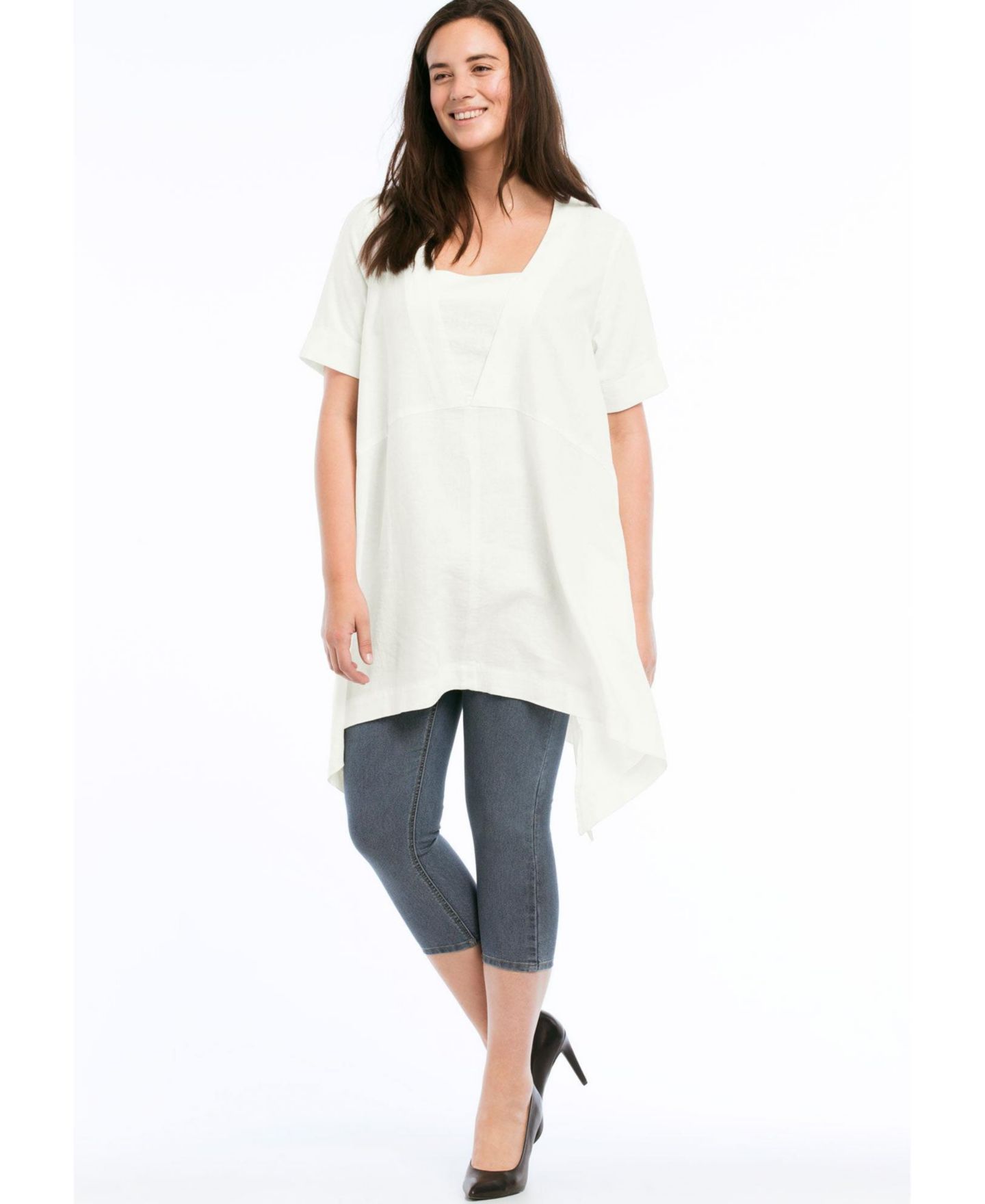Женский топ ellos Linen-Blend Hanky Hem Tunic, цвет: Серо-бежевый — фото 4