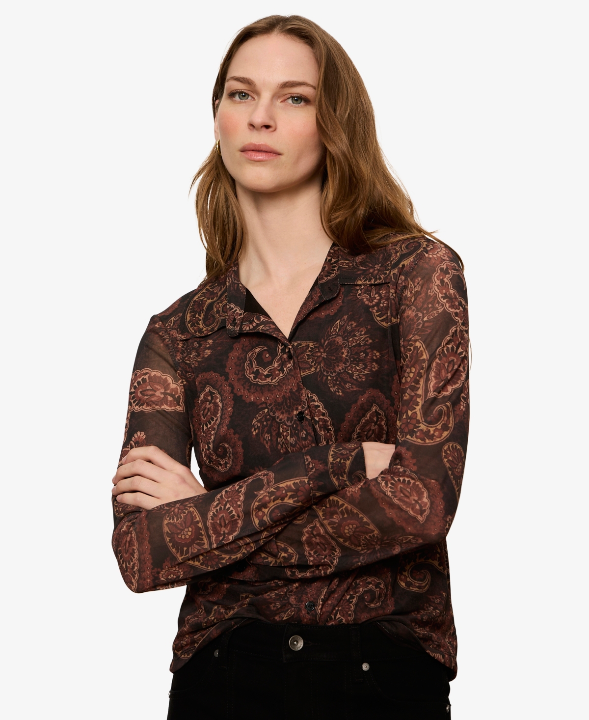 Sanctuary Women's Fitted Mesh Button Down Top