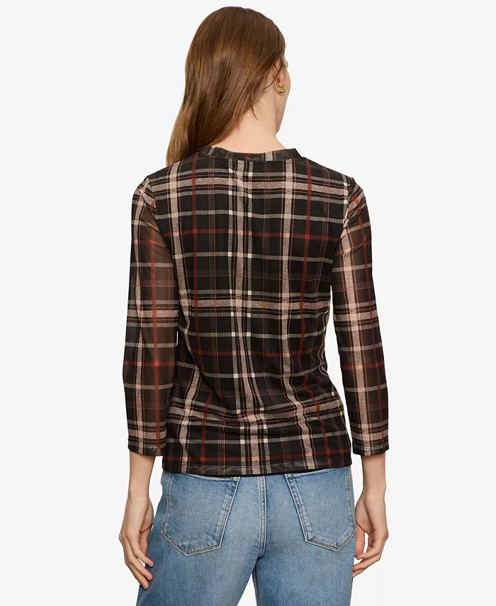 Women's Plaid Mesh 3/4 Sleeve Top - thumbnail 3