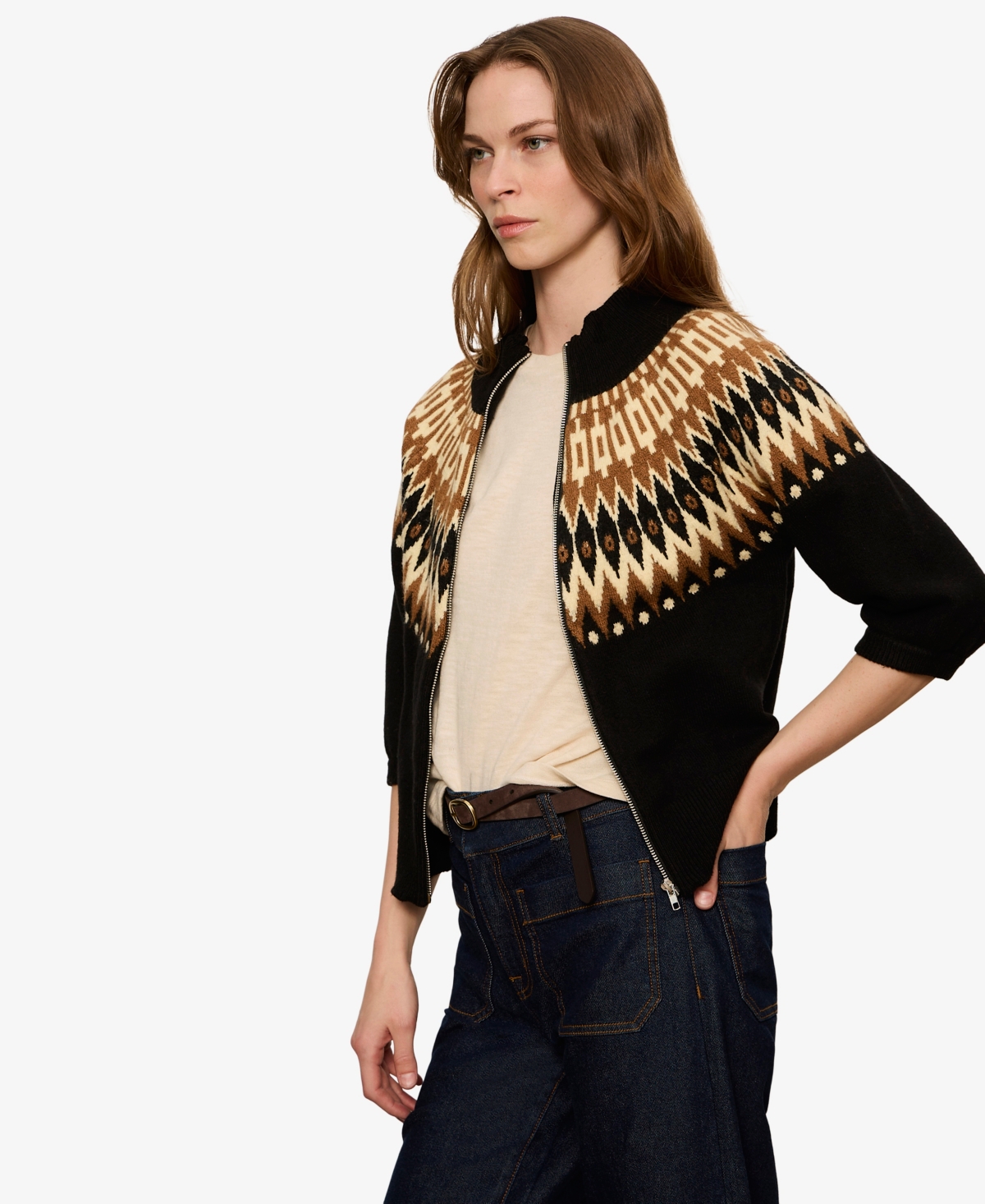 Sanctuary Women's Fairisle Zip-Up Short Sleeve Semi-Cropped Cardigan