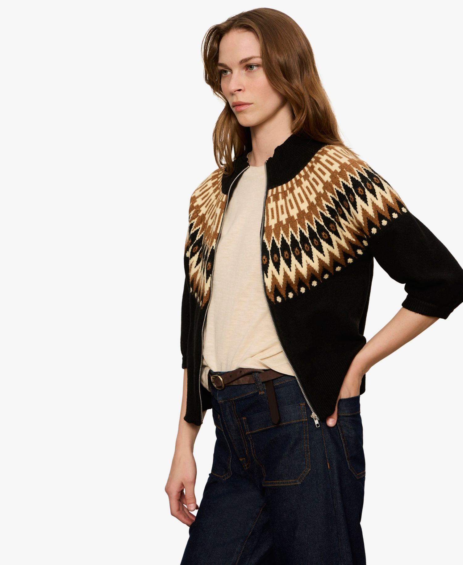 Women's Fairisle Zip-Up Short Sleeve Semi-Cropped Cardigan