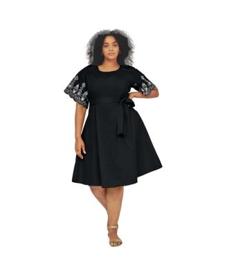 Plus Size Flutter-Sleeve Scallop-Edge Embroidery A-Line Midi Dress