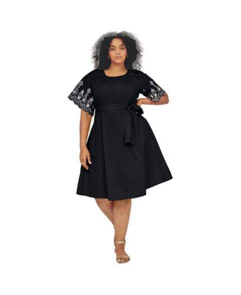 Женское платье AVENUE Plus Size Flutter-Sleeve Scallop-Edge Embroidery A-Line Midi, цвет: Чёрный