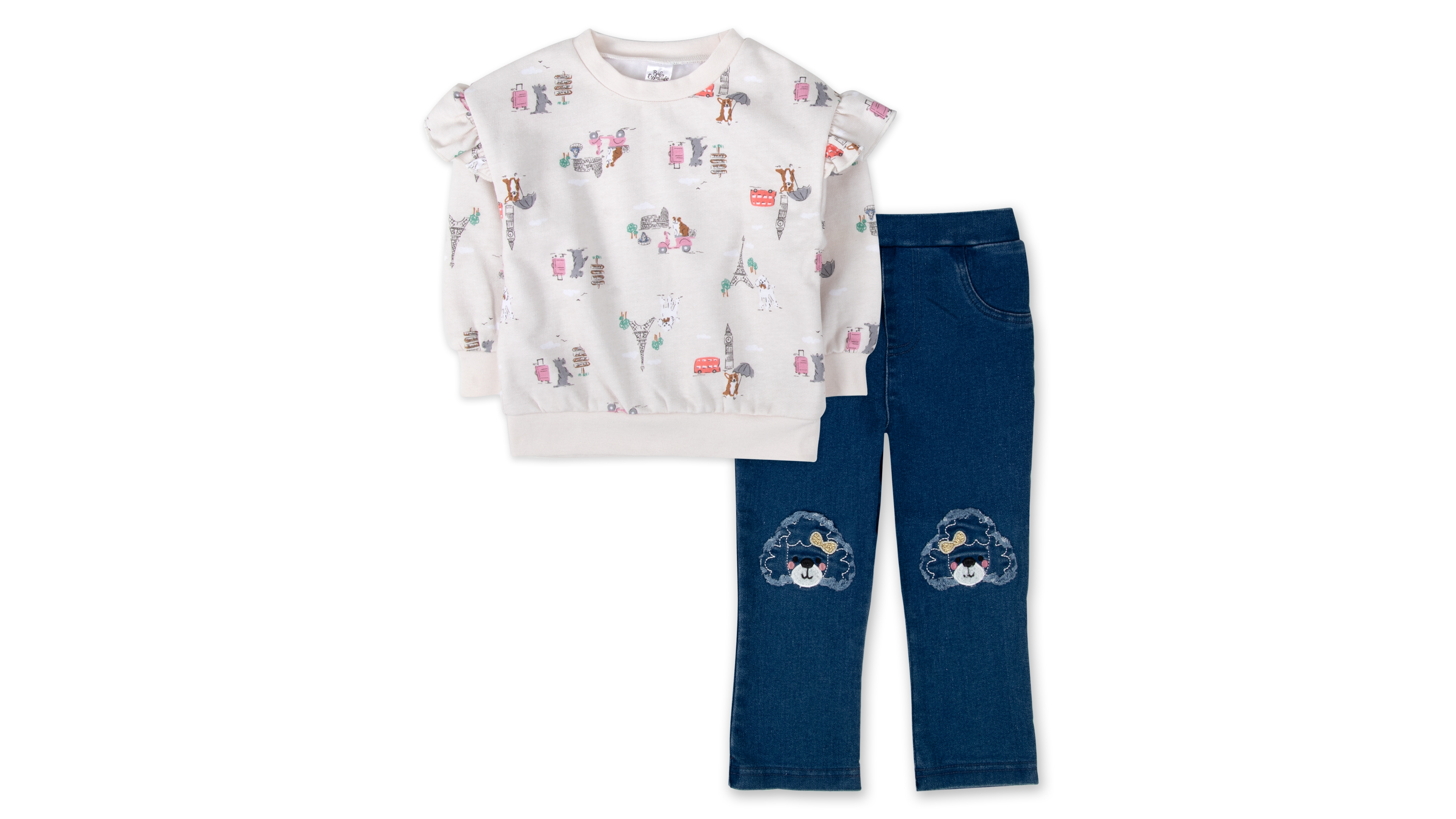 Baby Essentials Girls' Paris Elastic-Waist Travel-Inspired Print Sweatshirt and Flare Pants, 2-Piece Set