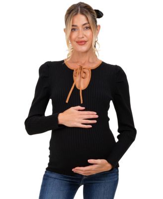 Maternity Ribbed Knit Cutout Tie Front Long-Sleeve Top