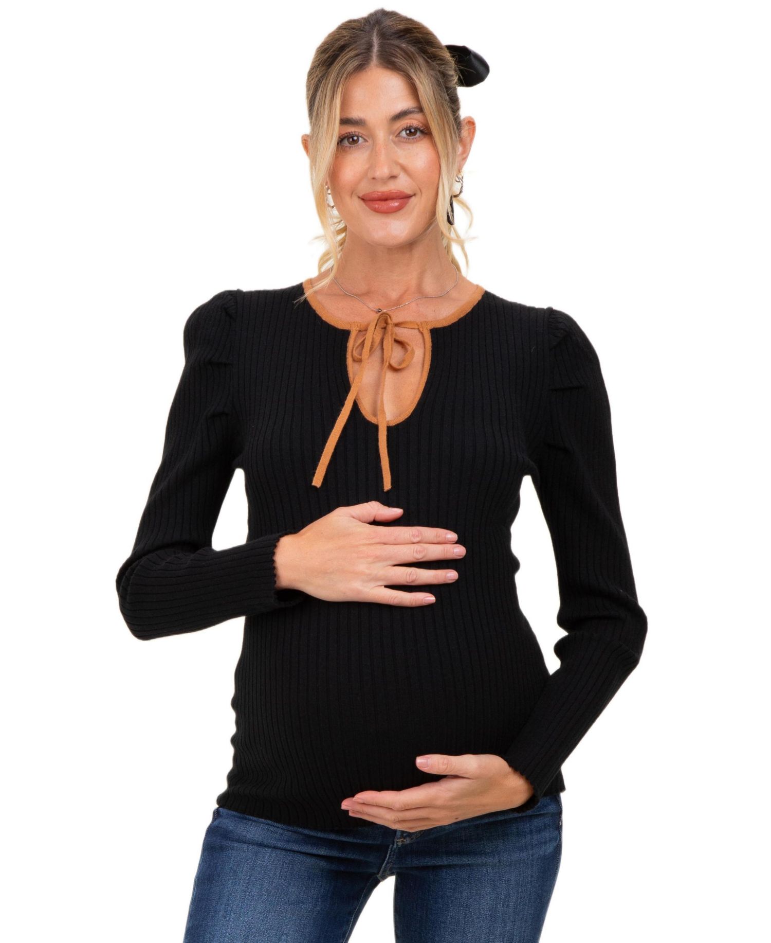Maternity Ribbed Knit Cutout Tie Front Long-Sleeve Top