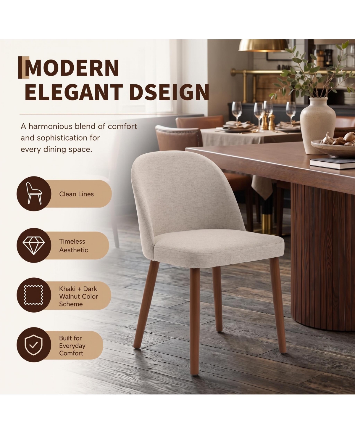 gaomon Wooden Dining Chair Set of 2 Upholstered Fabric Chair,Modern Kitchen Chairs with Curved Backrest Leveling Feet