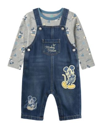 Baby Boys' Mickey Mouse Long-Sleeve Top and Denim Overalls, 2-Piece Set