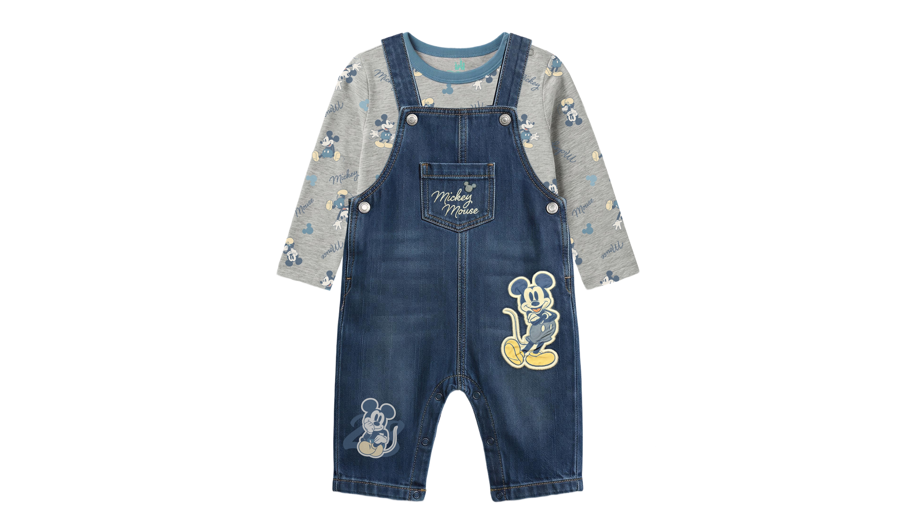 Disney Baby Boys' Mickey Mouse Denim Long-Sleeve Top and Overalls, 2-Piece Set
