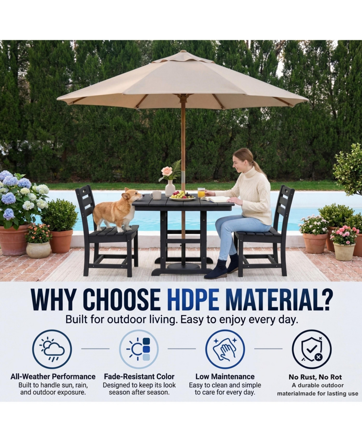 Boyel Living Hdpe Outdoor Patio Dining Set 37.8 Inch Square Table with 2 Chairs 3-Piece Bistro