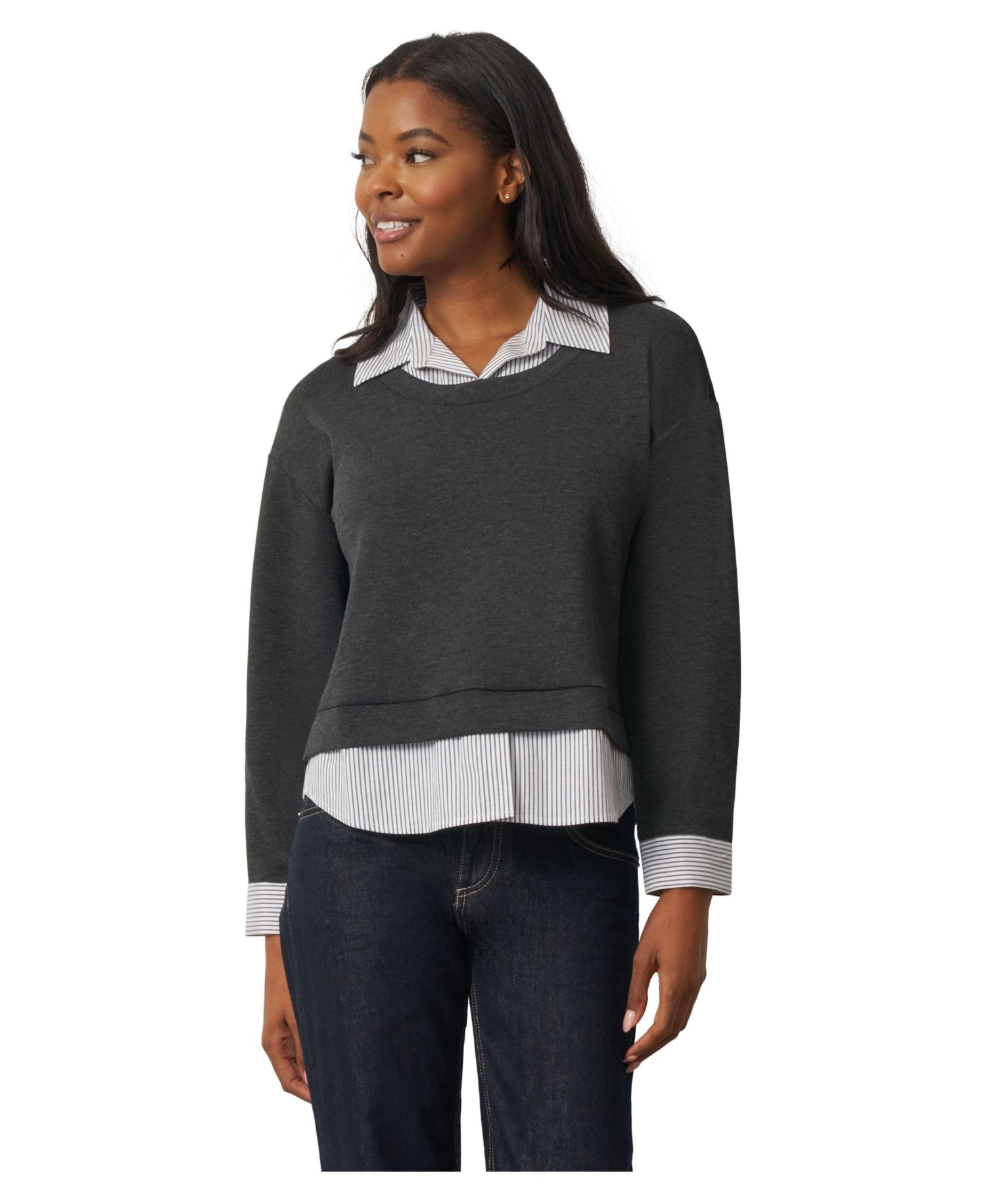 Women's Twofer Striped Poplin Collar Long-Sleeve Blouse