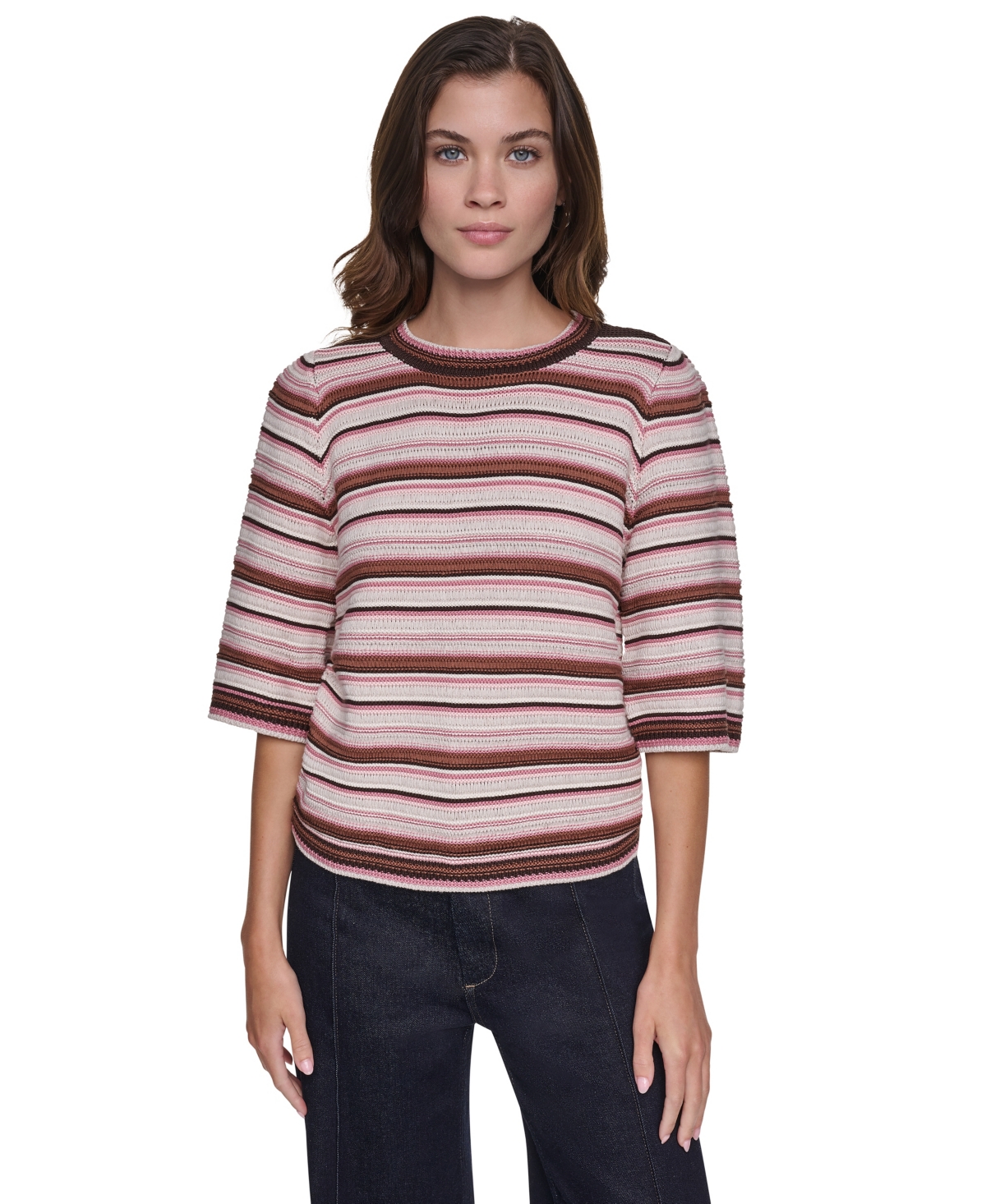 Dkny Jeans Women's Striped Rugby Puff-sleeve Sweater In Caramel Multi