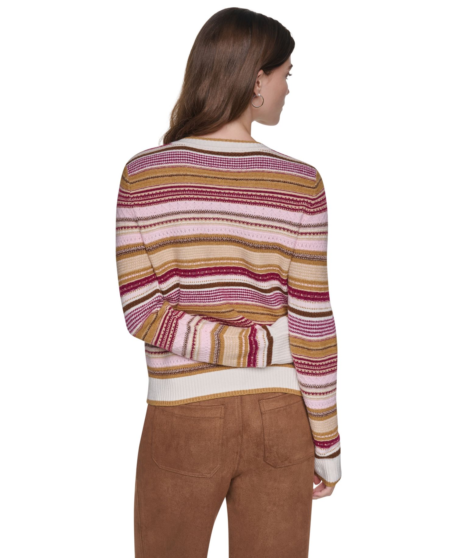 Women's Textured Variegated Stripe Crewneck Fitted Cardigan