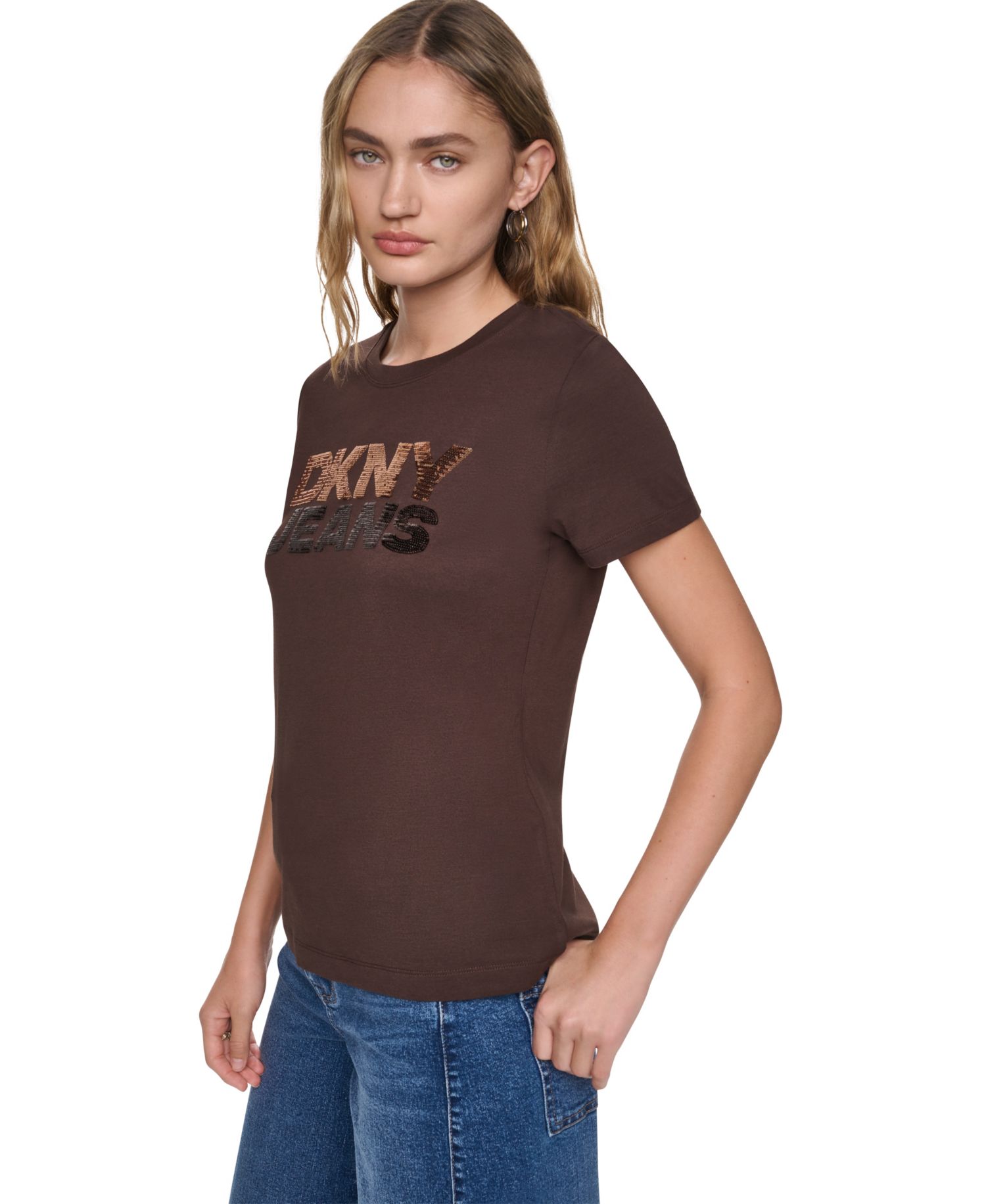 Women's Stacked Logo Mixed Sequins Crew Neck T-Shirt